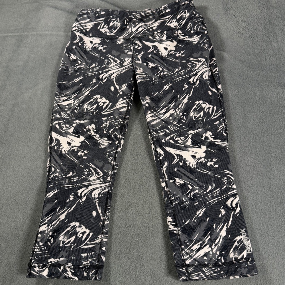 Reebok Womens Black White Abstract Swirl Print Cropped Leggings Size Medium